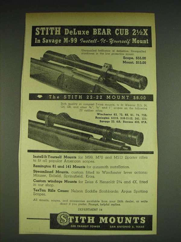 1948 Stith DeLuxe Bear Cub 2 1/2X Scope and 22-22 Mount Ad