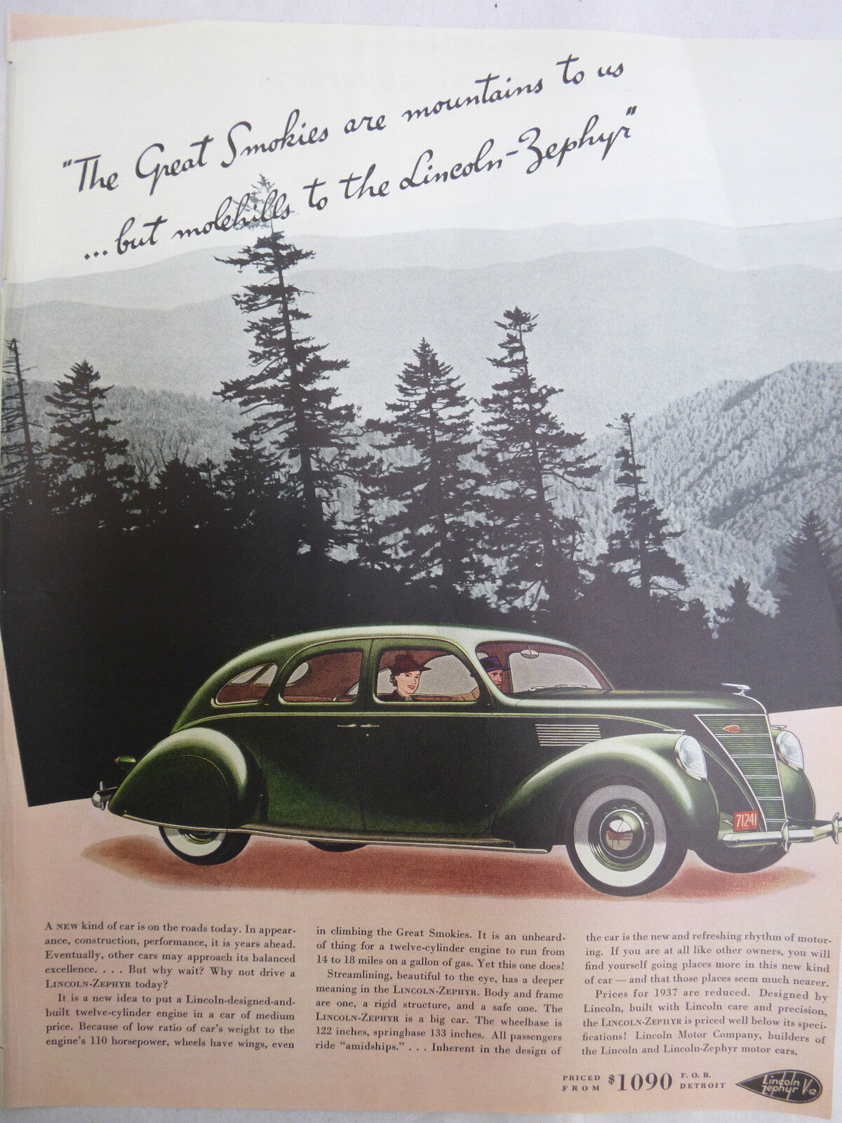 LINCOLN ZEPHER V-12 1936 - 1937 AUTO CAR ADVERT MAGAZINE ORIGINAL EVENING POST  
