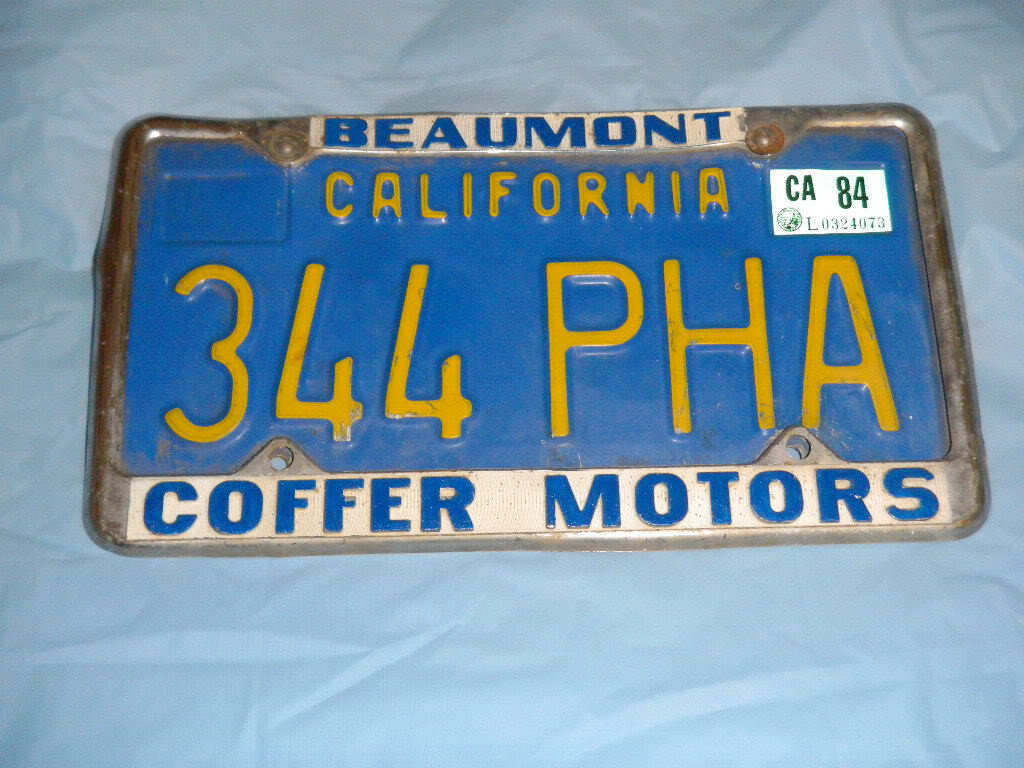 Coffer Motors License Plate Frame Tag Beaumont CA Vintage Blue Gold 344PHA 1980s