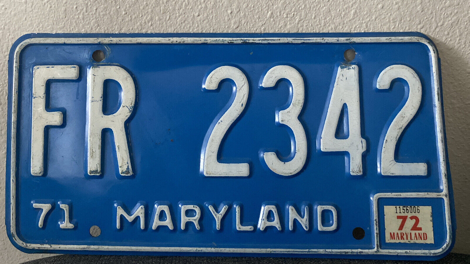 1971  /  1972 MARYLAND LICENSE PLATE  **  \'71 MD  BASE  **  STICKERED FOR \'72