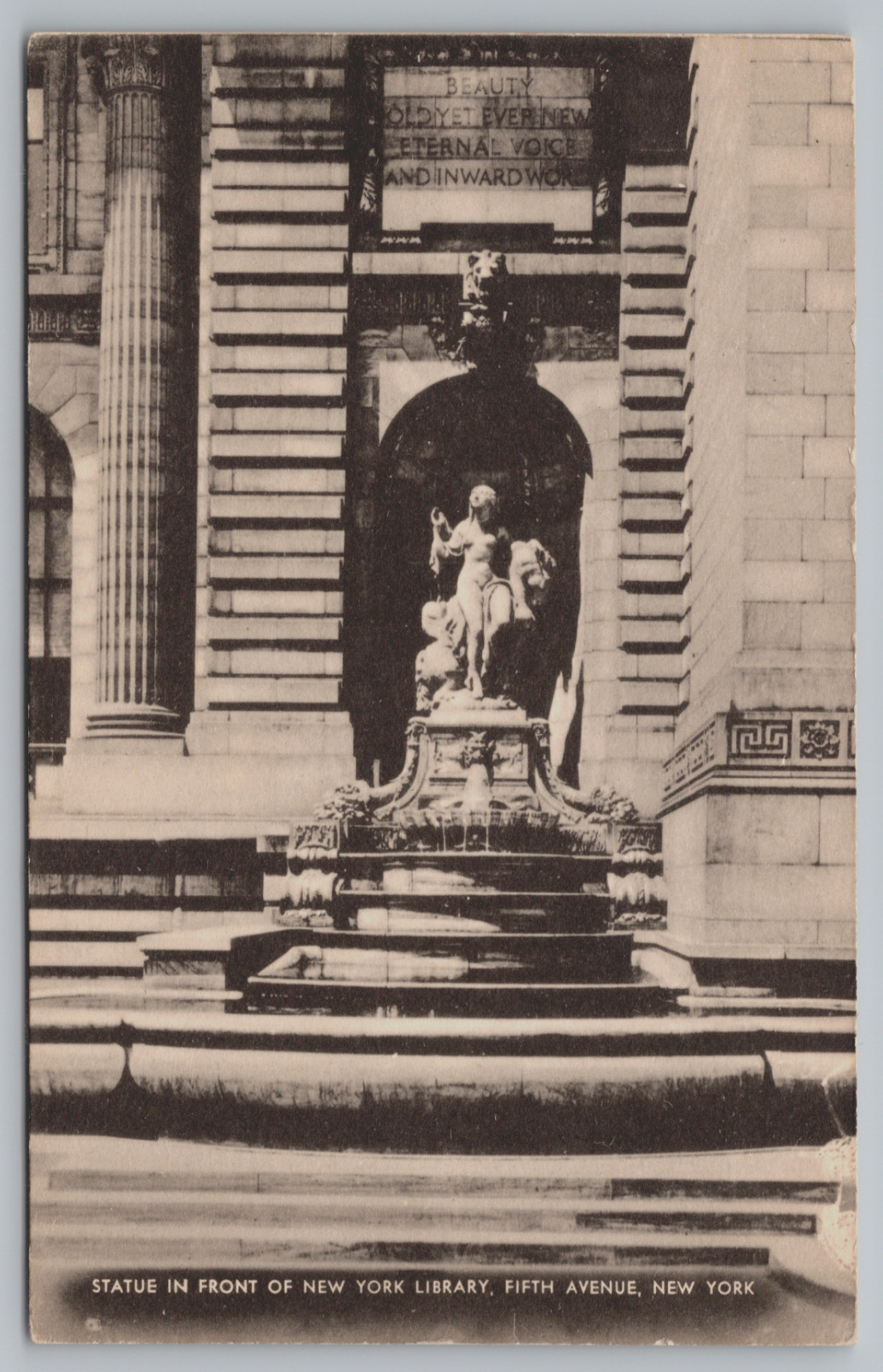 Postcard, Statue In Front Of New York Library, Fifth Ave, New York City, NY