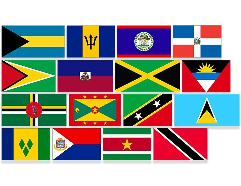 Sheet of 16: 1 inch tall All Caribbean Country Flag Stickers (islands decals)