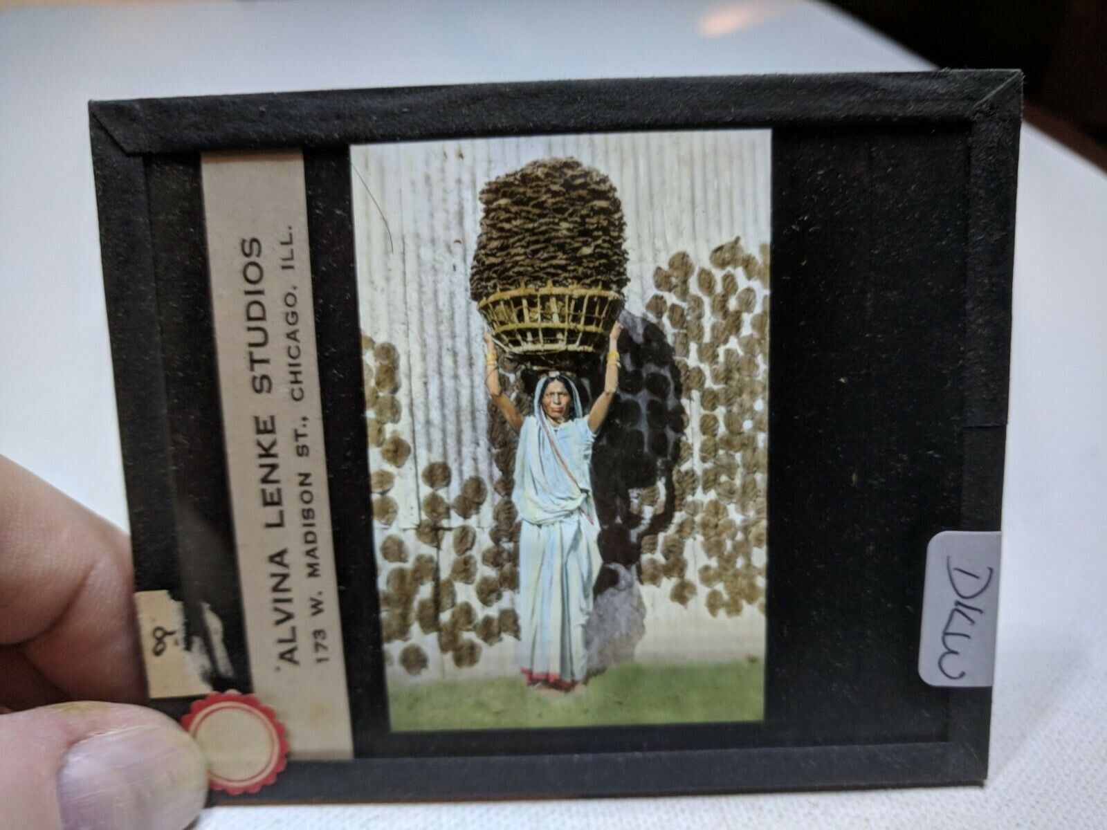 COLORED Glass Magic Lantern Slide DKM WOMAN CARRYING HUGE LOAD ON HER HEAD WOW
