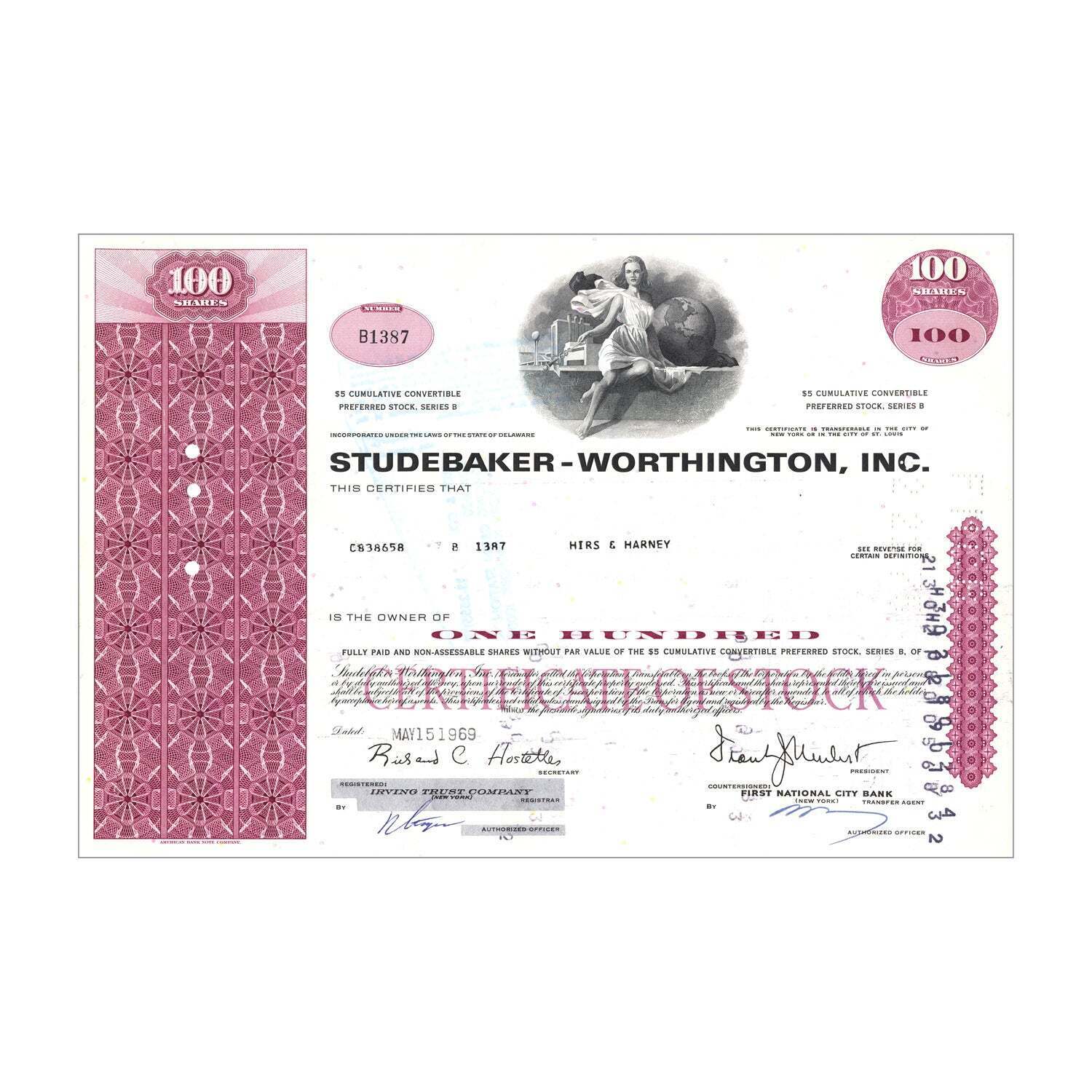 Studebaker-Worthington Stock Certificate // 100 Shares // Pink // 1960s-70s
