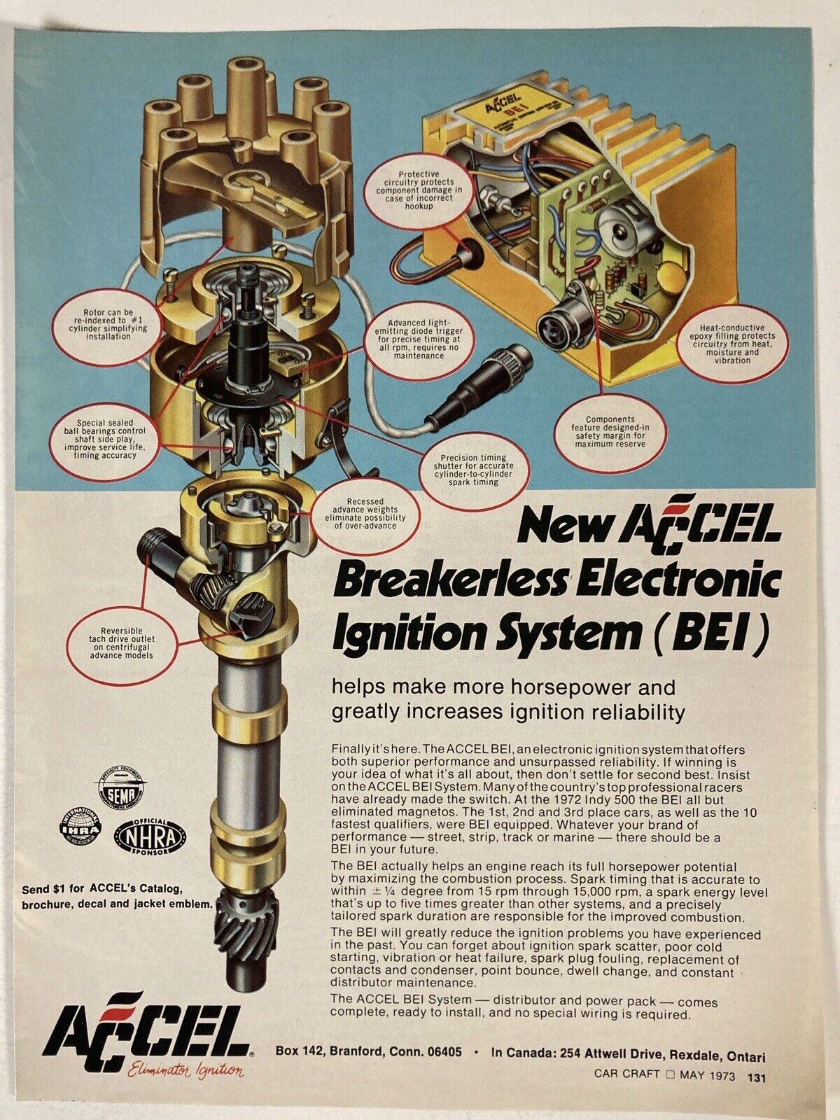 1973 Accel Breakerless Electronic Ignition System Print Ad BEI