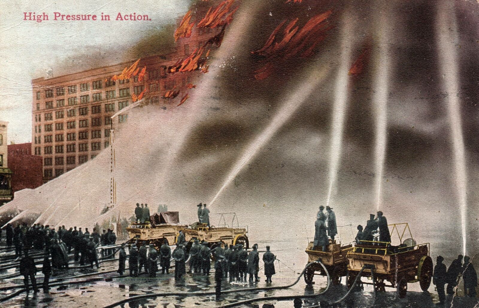 VINTAGE POSTCARD HIGH PRESSURE IN ACTION EARLY FIREFIGHTING BROOKLYN N.Y.  1911