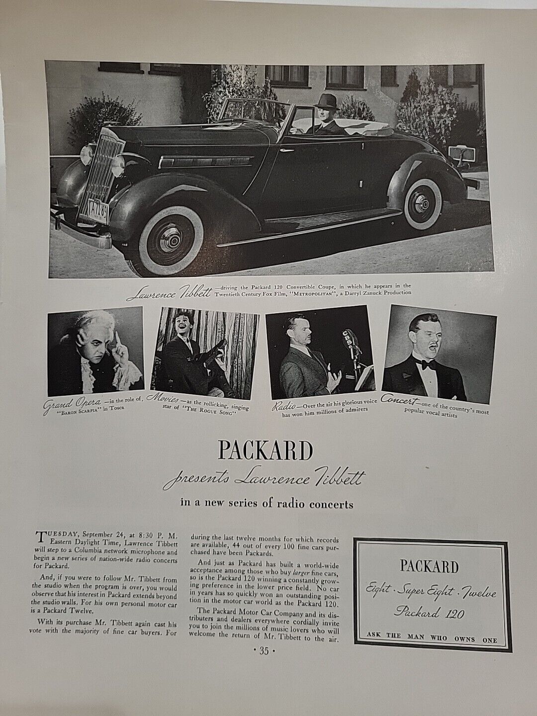 1935 Packard 120 Motor Car Fortune Magazine Print Advertising Lawrence Tibbett