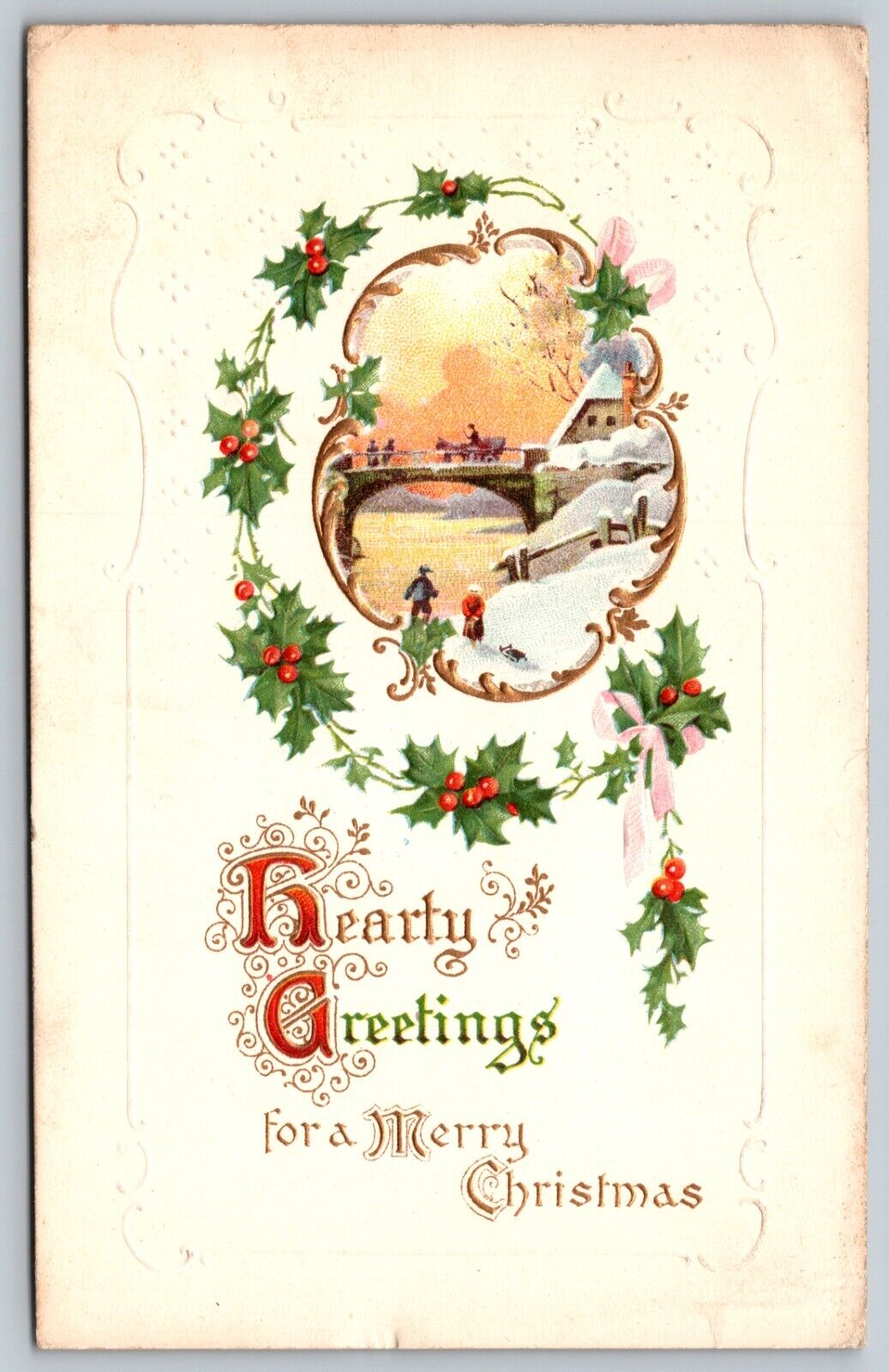 Hearty Greetings A Merry Christmas Holly Berries River Bridge Winter PM 1913