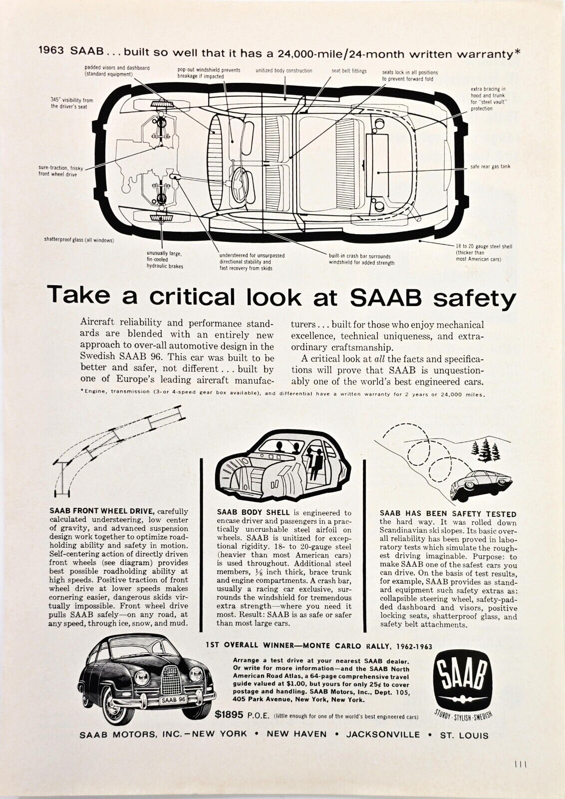 Saab Safety Diagram Front Wheel Drive Vintage 1963 Print Ad 8x11