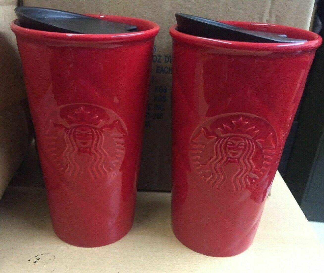 2 NEW Starbucks Red Quilted Double Wall Ceramic Travel Mug TUMBLER 