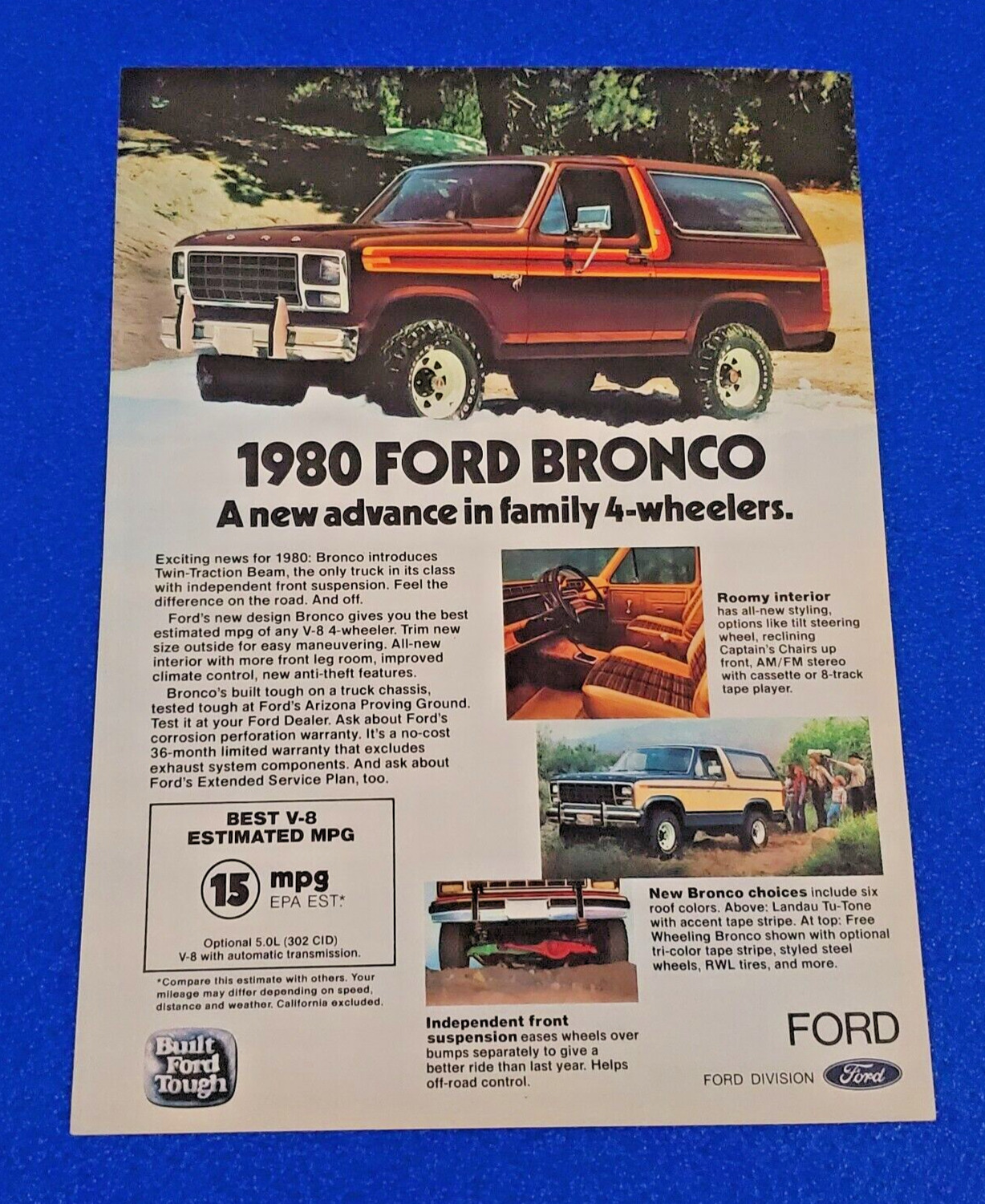 1980 FORD BRONCO 4X4 V8 302 ORIGINAL COLOR PRINT AD SHIPS FREE (LOT BROWN B-29)