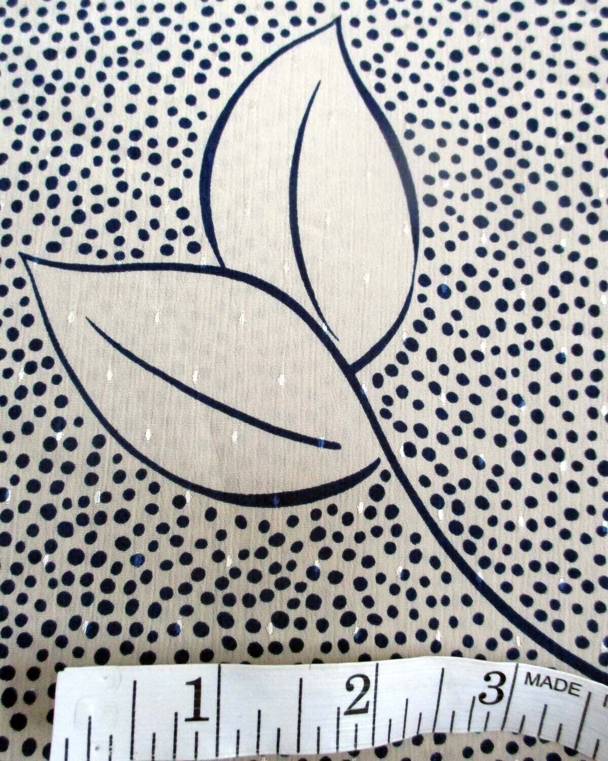 3.75 yd Vintage 1980s Dress Fabric Micro Polka Dots Navy Beige Nude Leaves Leaf