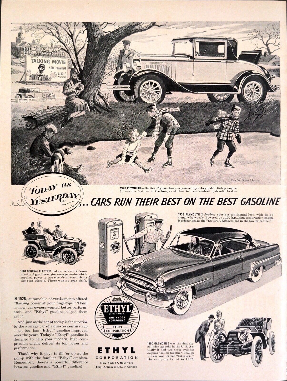 1953 Ethyl Anti Knock Compound Gasoline 1953 Plymouth Belvedere Print Ad