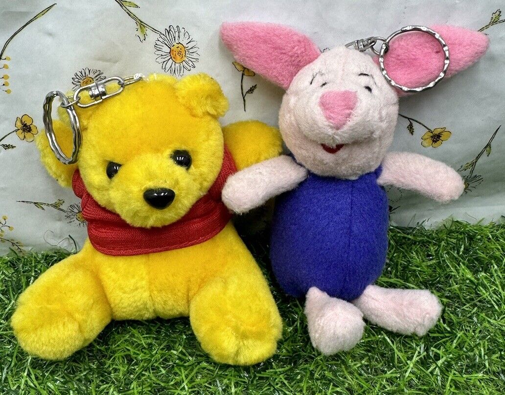Vintage 80s 90s Piglet & Pooh Bear Plush Keyrings Soft Toy Keychains Disney Rare