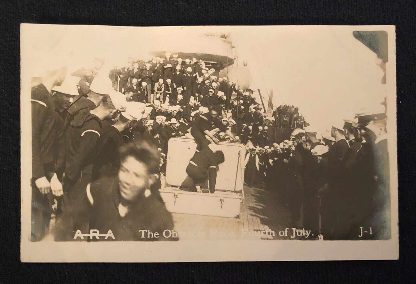 1918 WW1 July 4 American Sailors Obstacle Race BW Vintage Photo Post Card 