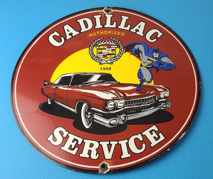 Vintage Cadillac Service Sign - Batman DC Comics Gas Pump Plate Porcelain Sign