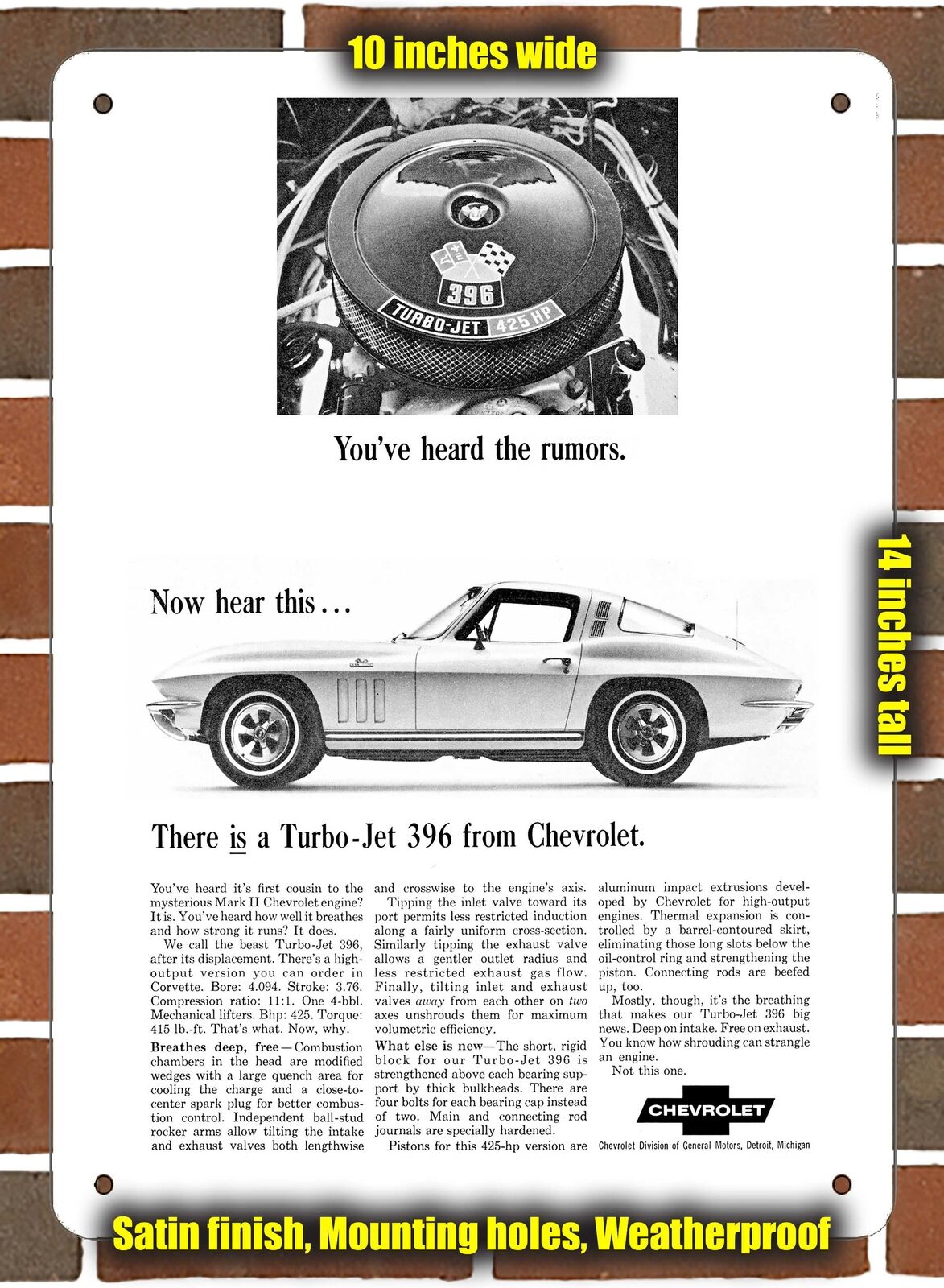 Metal Sign - 1965 Corvette 396 425 HP - 10x14 inches