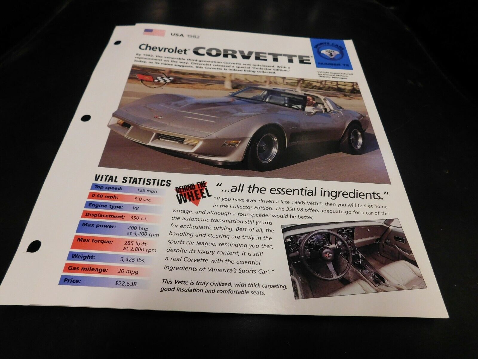 1982 Chevrolet Corvette Spec Sheet Brochure Photo Poster
