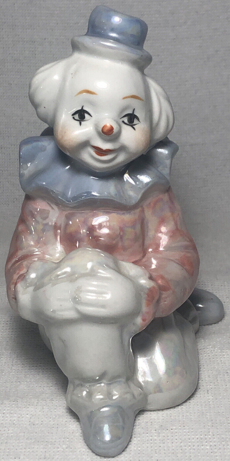 6” x 3.5” Vintage Clown Figurine Pearlized Pastel Glossy Glazed Porcelain Finish