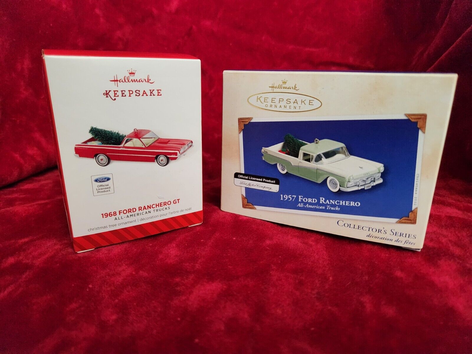 2 Hallmark Keepsakes. 1957 & 1968 Ford Ranchero Christmas Ornaments With Boxes