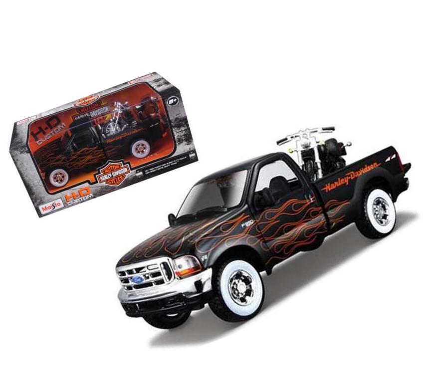 1999 Ford F-350 Super Duty Pickup Black With Flames 1/27 And 2002 Harley FLSTB