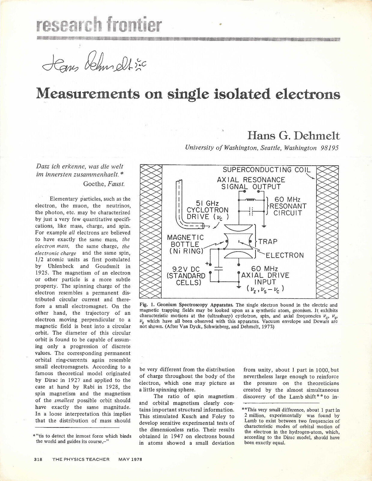 Hans Dehmelt Autographed Article from The Physics Teacher, May 1978
