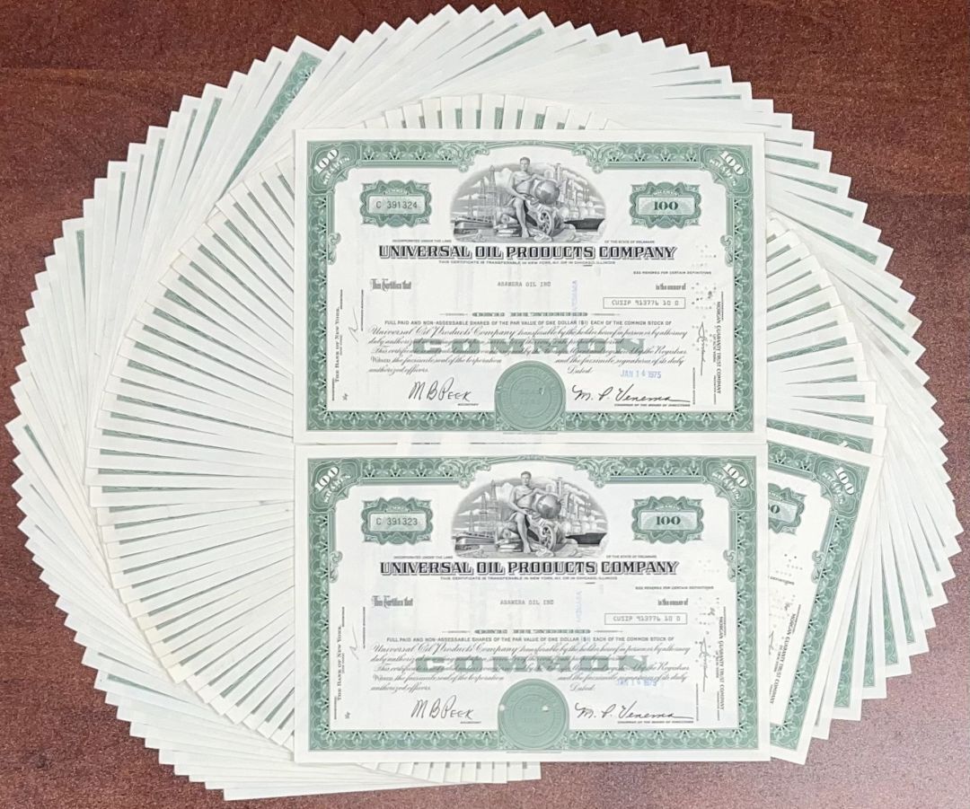 100 Pieces of Universal Oil Products, Inc. dated 1970\'s - 100 Stock Certificates