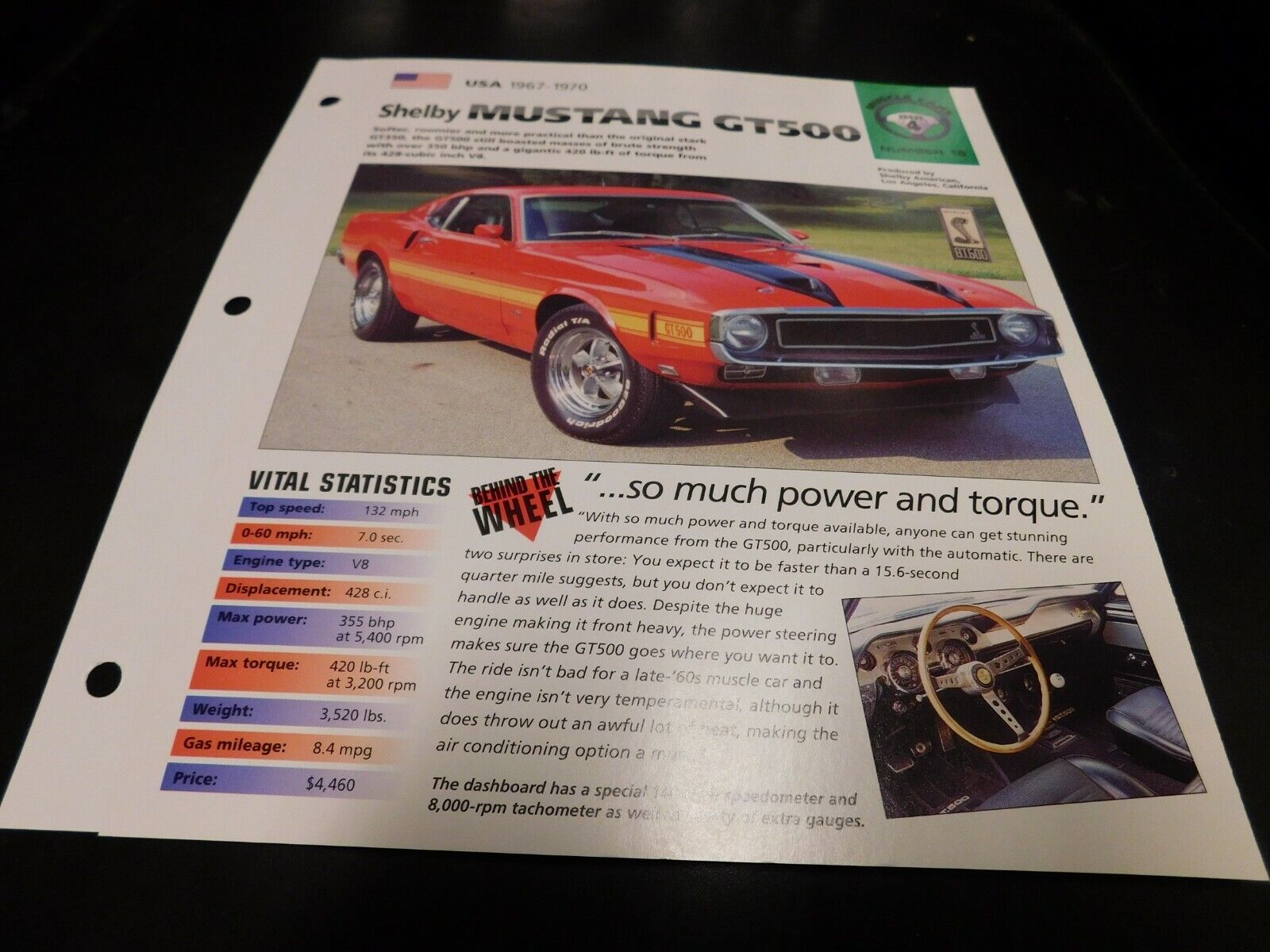 1967-1970 Ford Mustang Shelby GT500 Spec Sheet Brochure Photo Poster 1969 1969