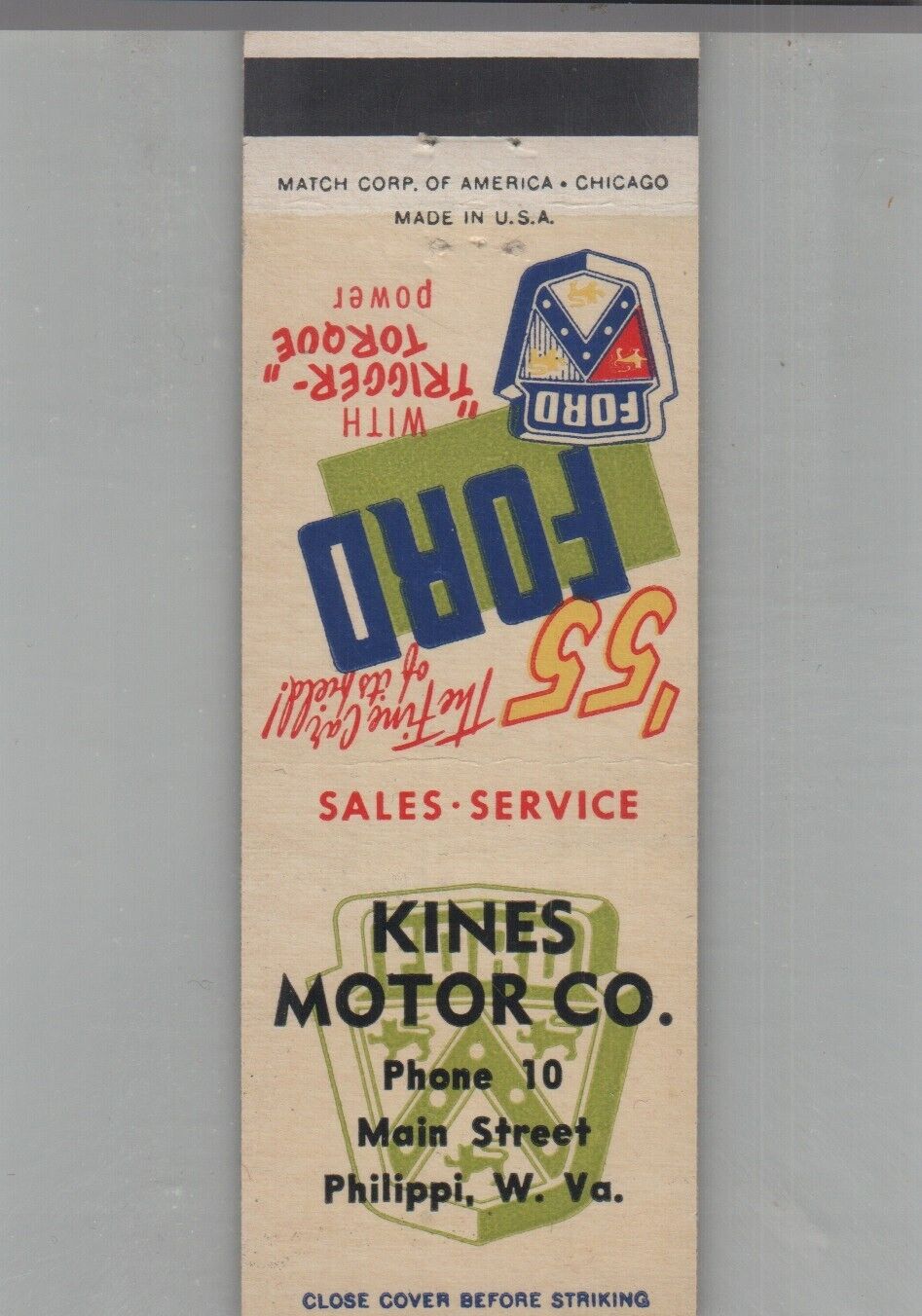 Matchbook Cover 1955 Ford Dealer Kines Motor Co. Philippi, WV