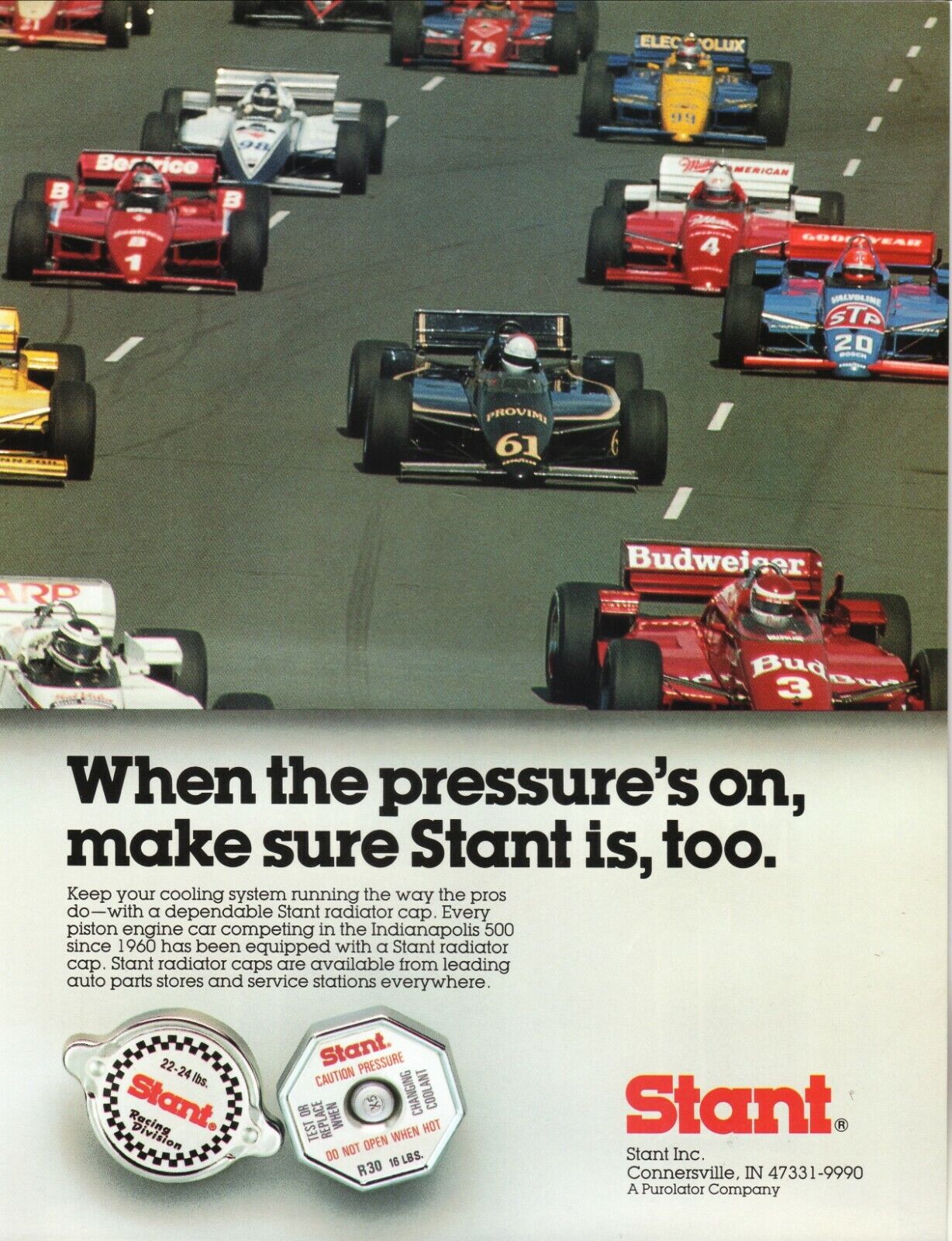 Stant Radiator Caps--IndyCars--1986 Magazine Advertisement