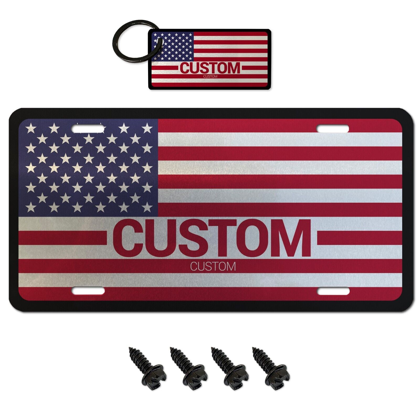 Custom Distressed American Flag License Plate + 4 Black Screws & Keychain