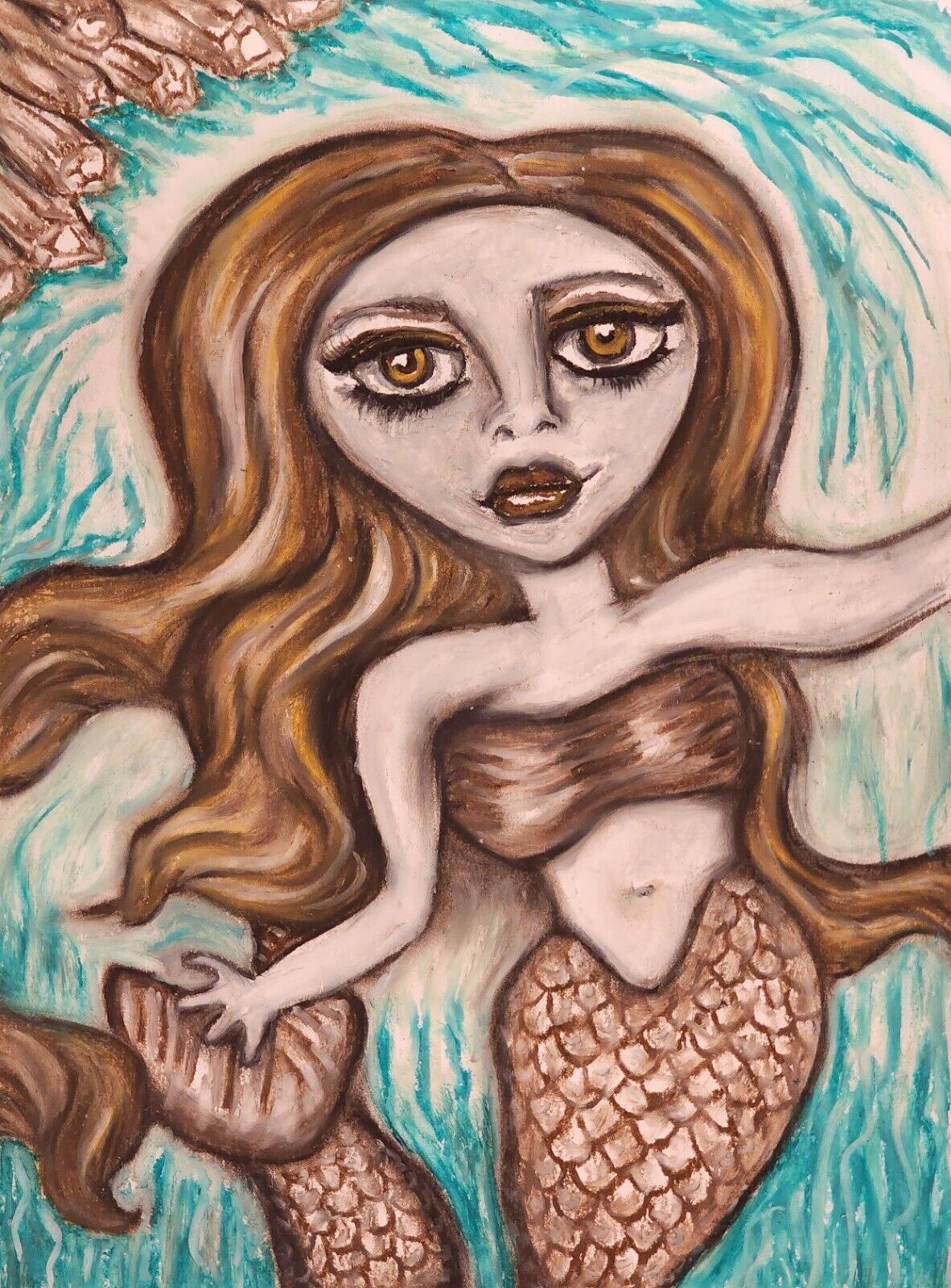 Chocolate Diamond Mermaid Original Pastel Painting 9x12 Fantasy Gothic Art KSams