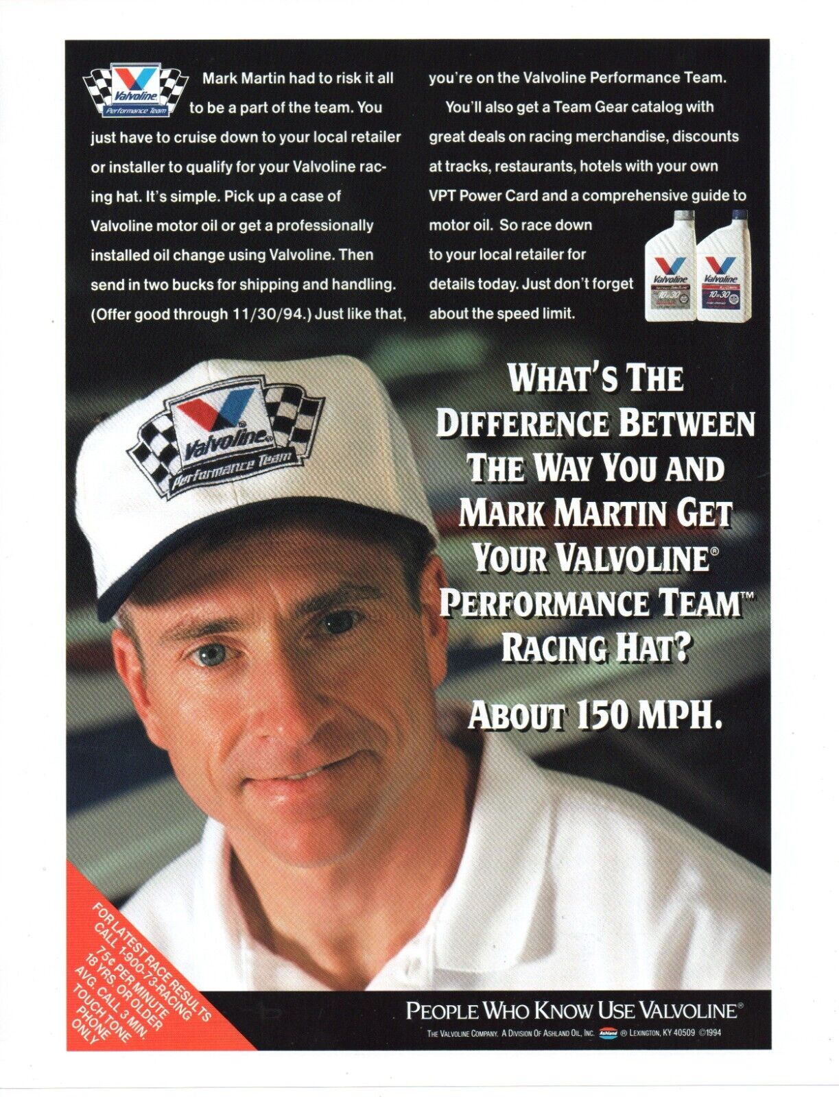 1994 MARK MARTIN VALVOLINE Motor Oil Nascar Racing PRINT AD WALL ART - CLASSIC