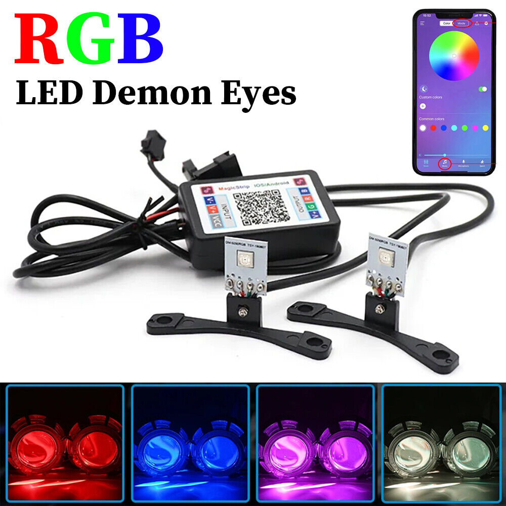 2x RGB LED Demon Devil Eyes Halo Ring APP BT Control Headlight Projector Lens
