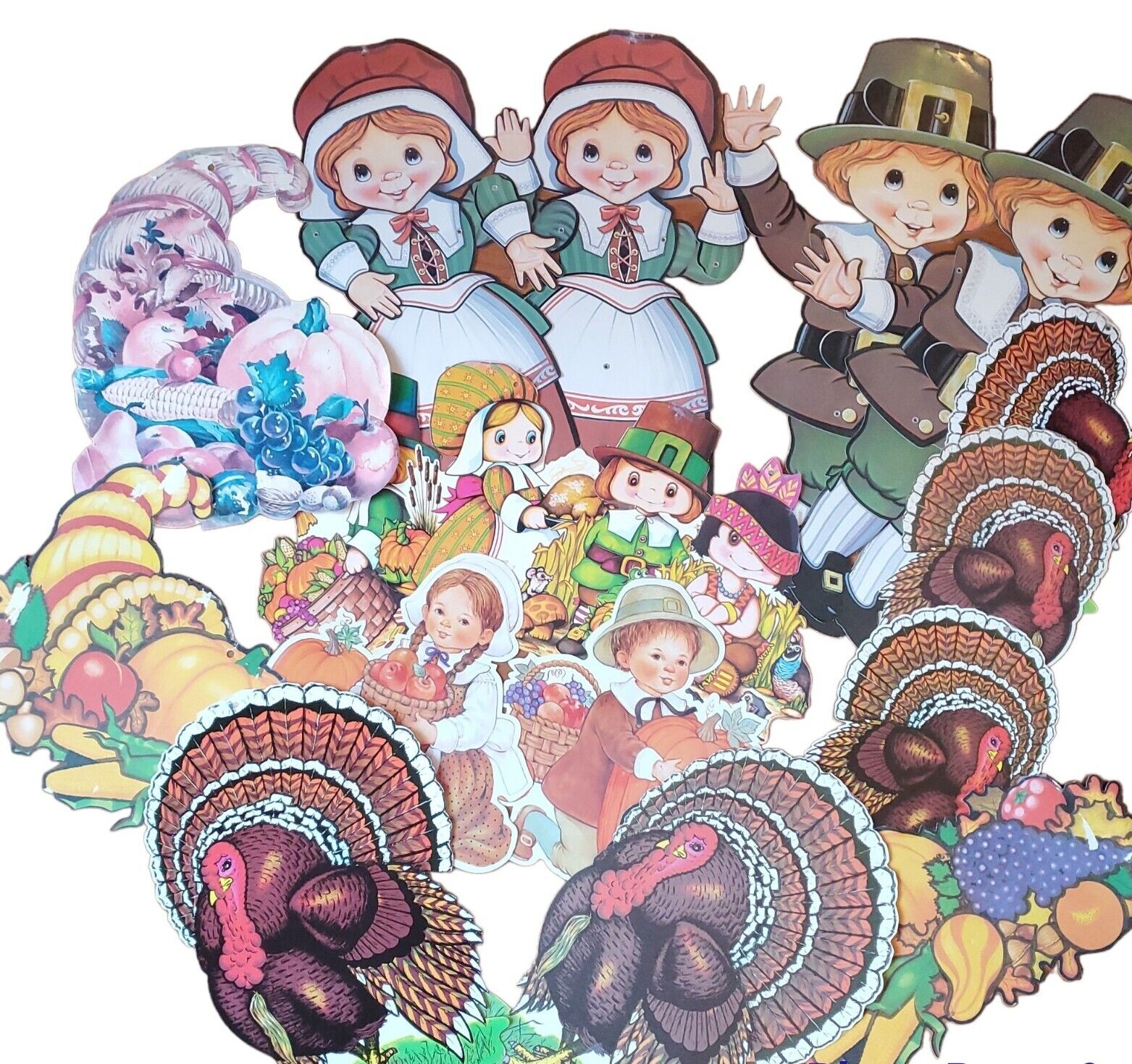 18 VTG 70\'s Thanksgiving Die Cut Cutouts Wall Decor Jointed Pilgrims Turkeys