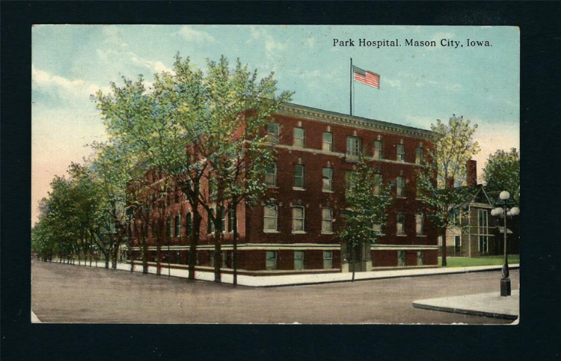 Mason City Iowa IA 1913 Original Corner Park Hospital Building, Old Street Light