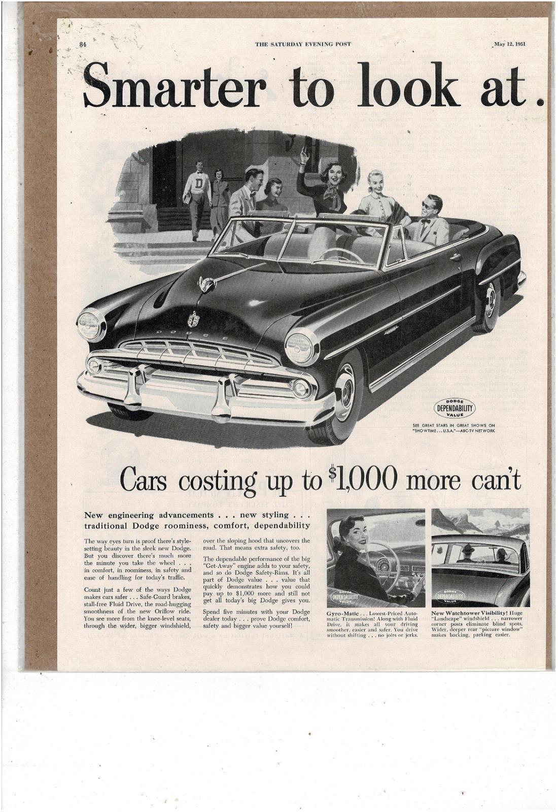 MAY 12 1951 SATURDAY EVENING POST DODGE SMARTER SAFER DEPENDABLE AD PRINT H893