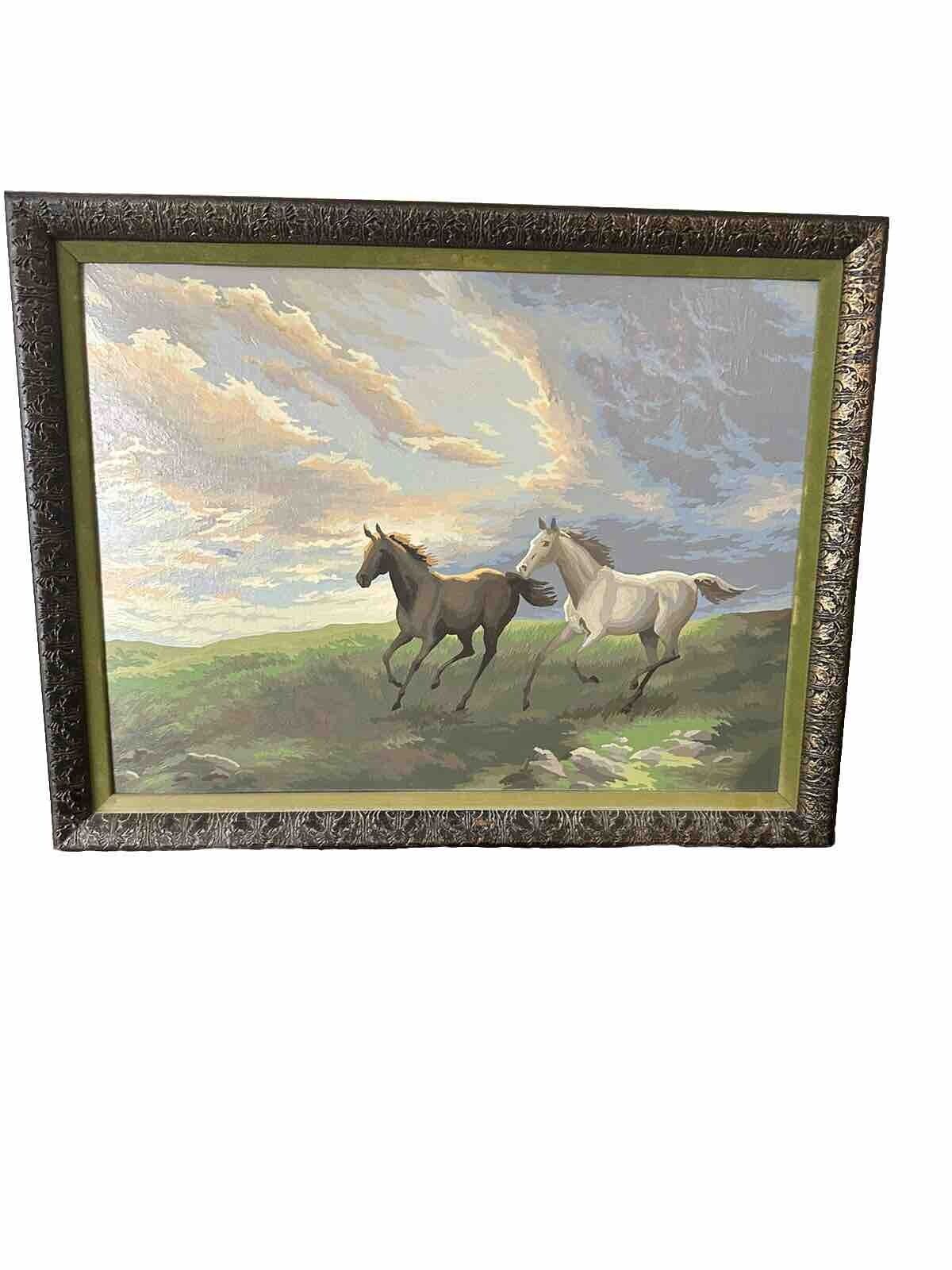 Vintage Paint by Number Running Wild Horses Art Painting Framed 18X24 Beautiful