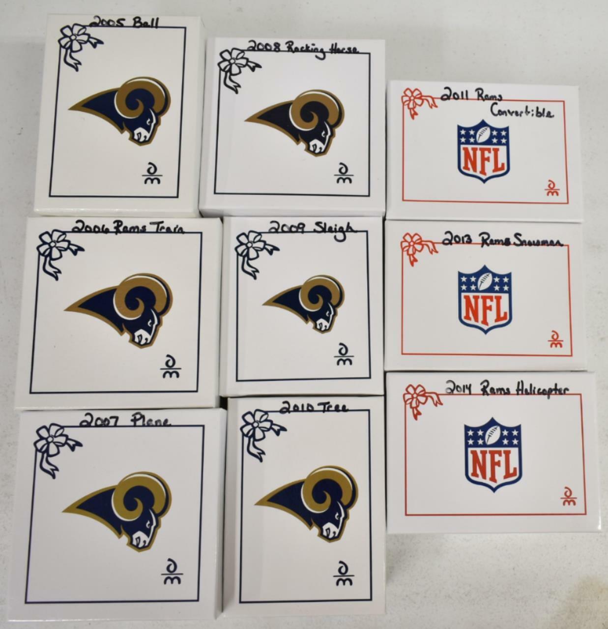 Set of 9 St. Louis Rams Ornaments in Box (2005-2011,2013,2014)