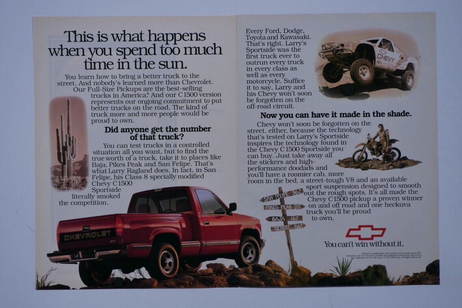1991 Chevrolet C 1500 Pickup Truck Vintage Original 2 Page Print Ad 8 x 11