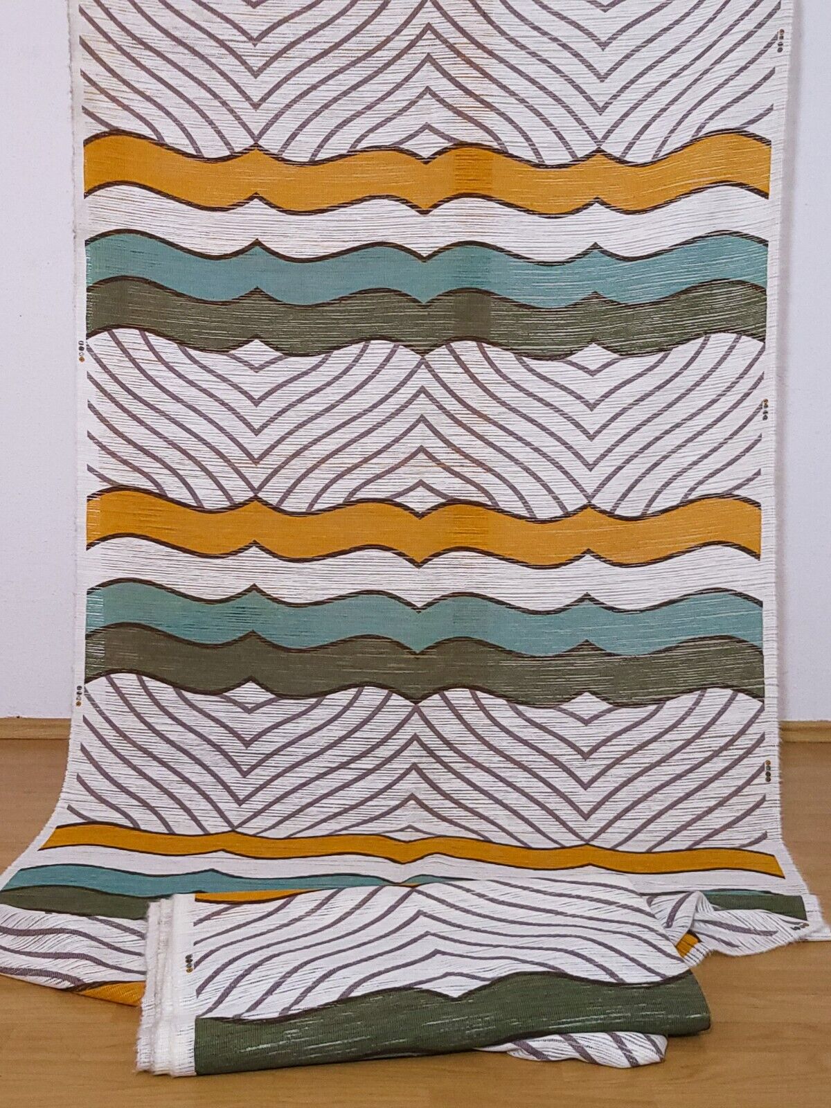 8 meters vintage fabric blue green mustard white waves Mid Century 60s 70s