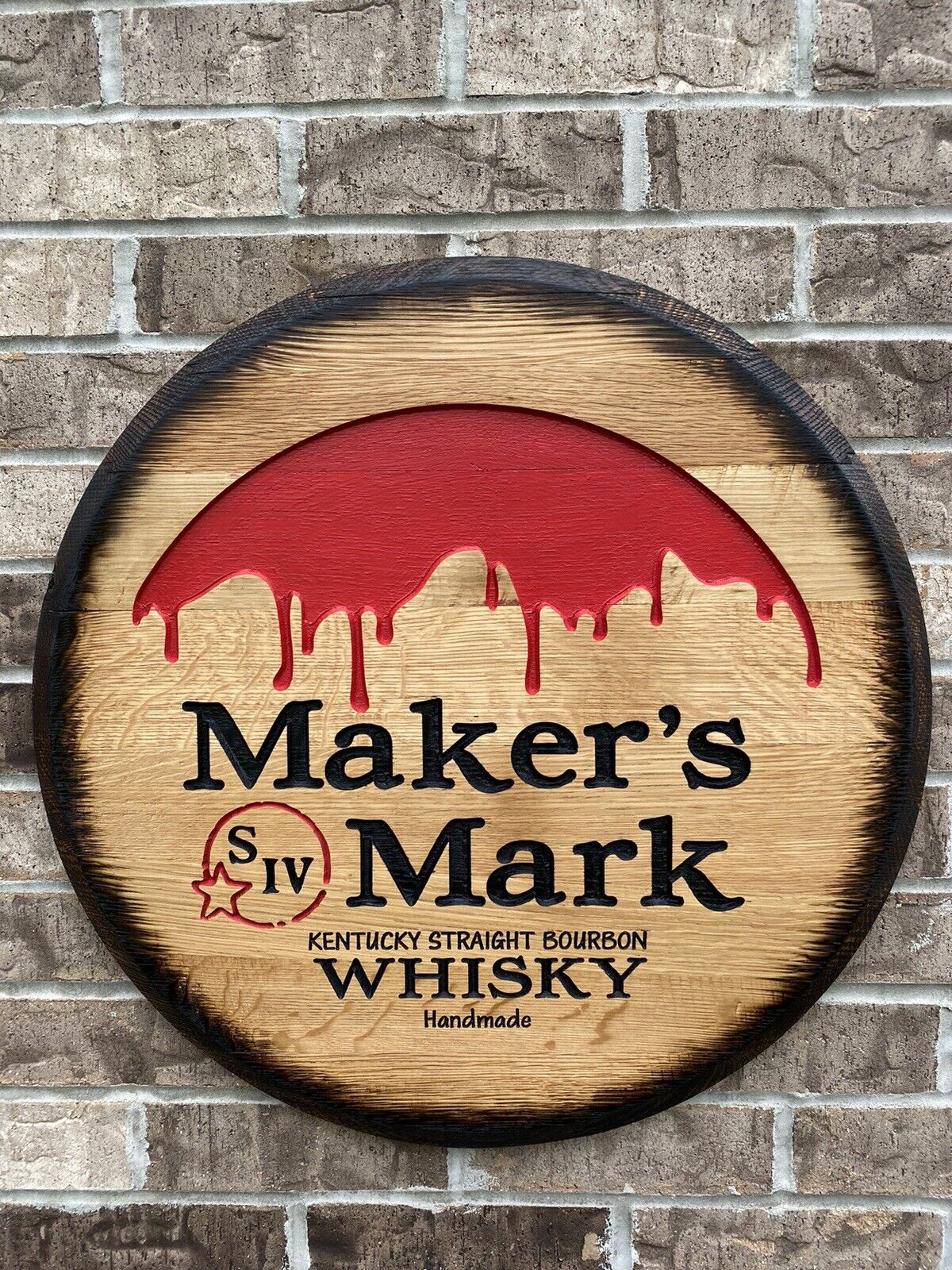 MAKER\'S MARK Sign,Carved Drip Bourbon OAK Whiskey Barrel Head Bar Sign