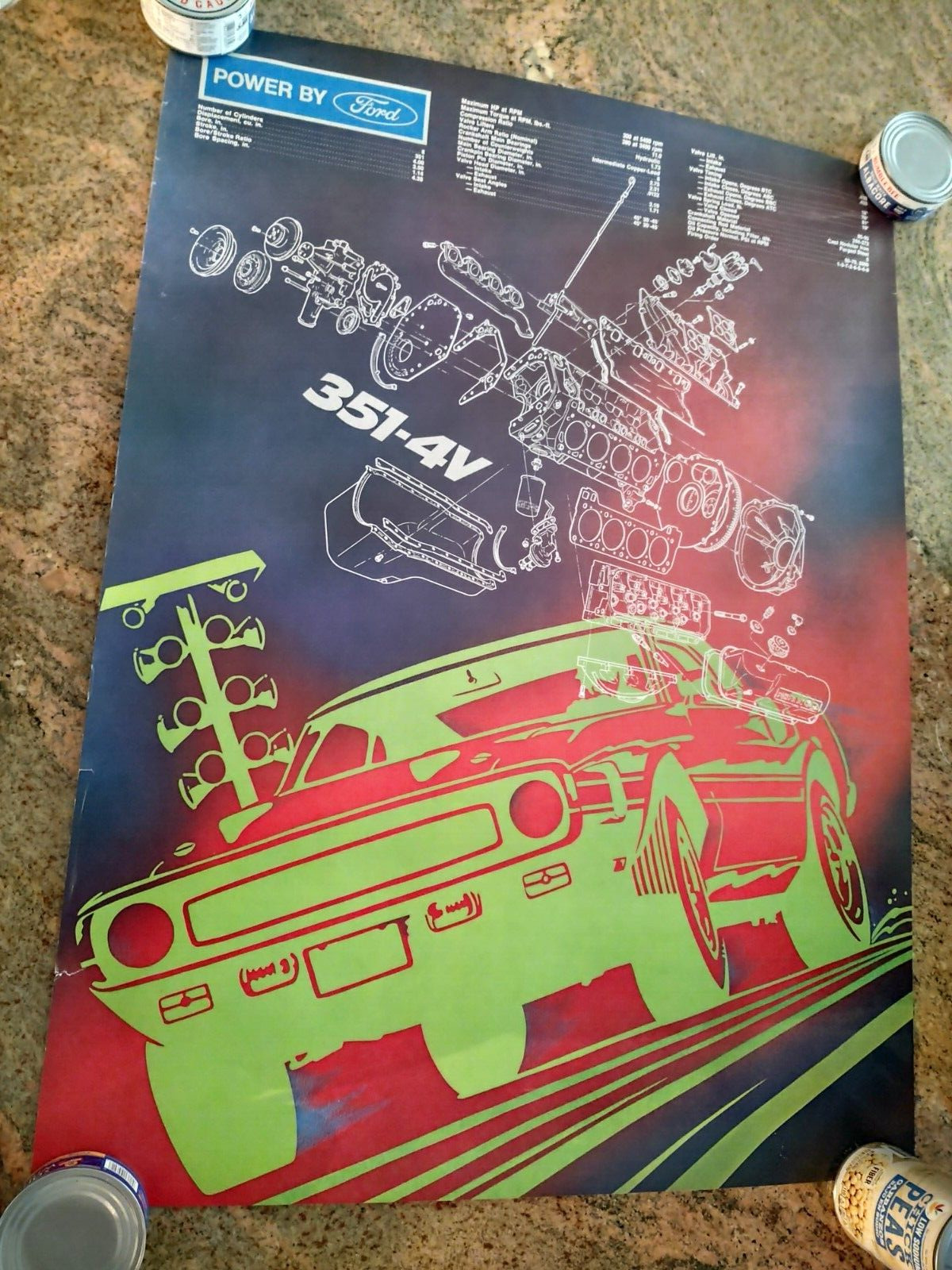 Original Ford 1970  351C-4V exploded showroom poster Shelby Mustang. 24.5\