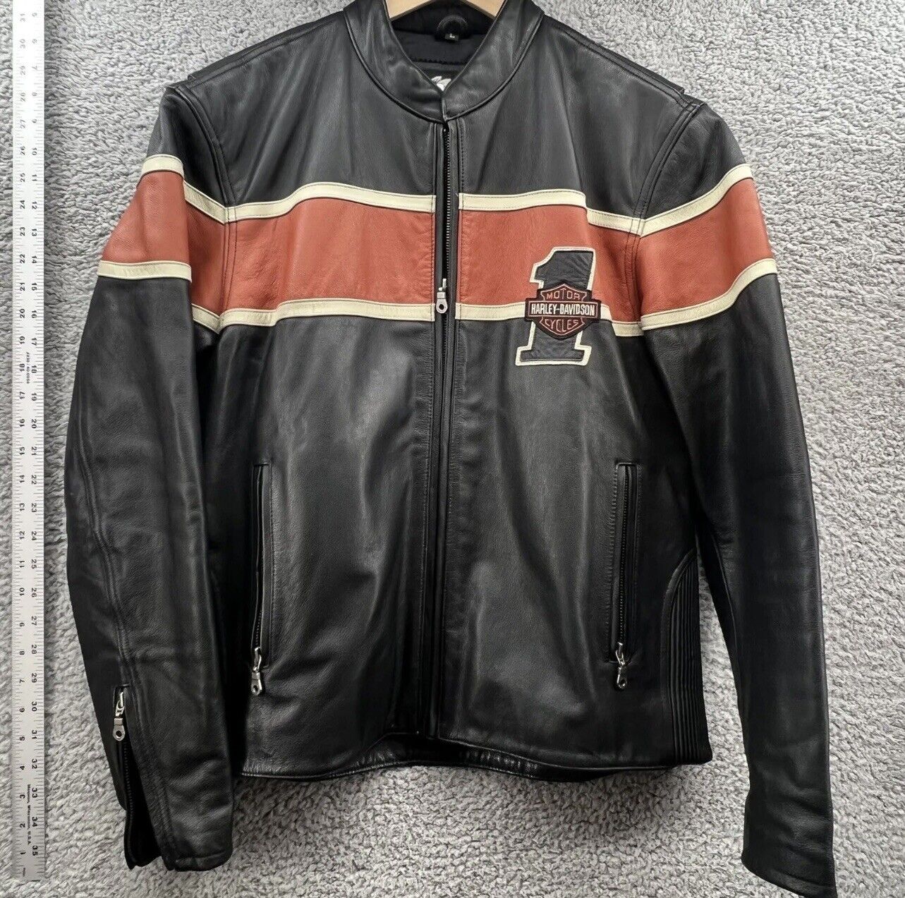 Harley Davidson Race #1 Men\'s Large Black & Orange Leather Riding coat jacket