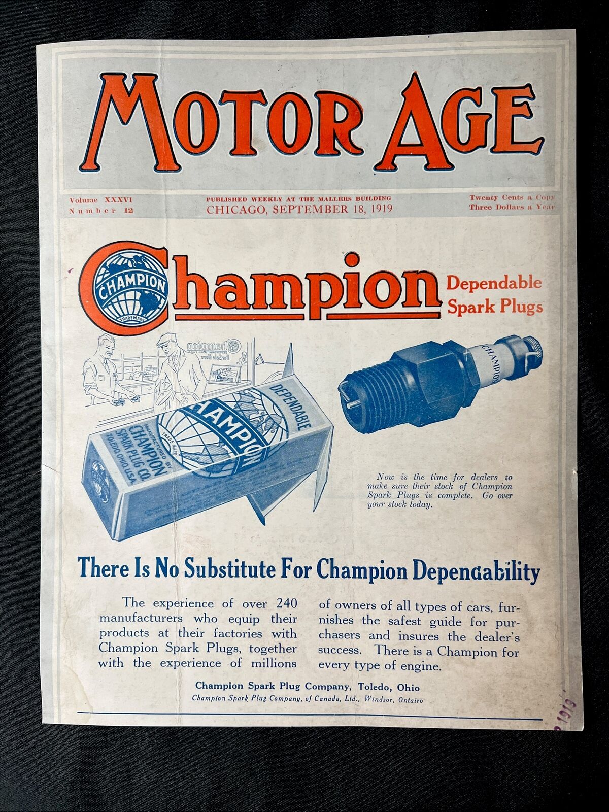 vintage 1919 CHAMPION SPARK PLUG double ad Toledo Ohio Johnson’s Carbon Remover