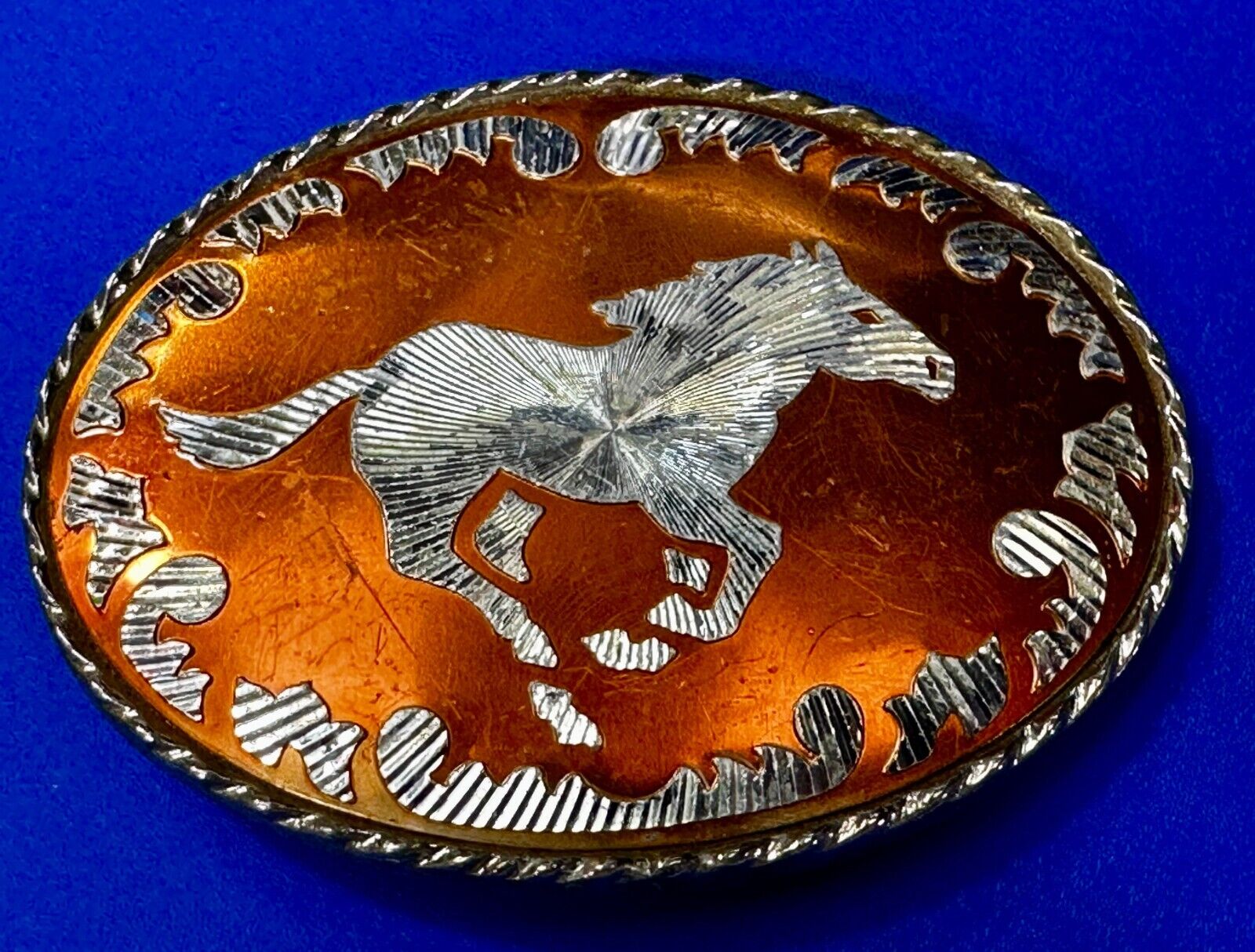 Running Wild Horse Mustang Orange Gold Silver Color Oval Western Belt Buckle