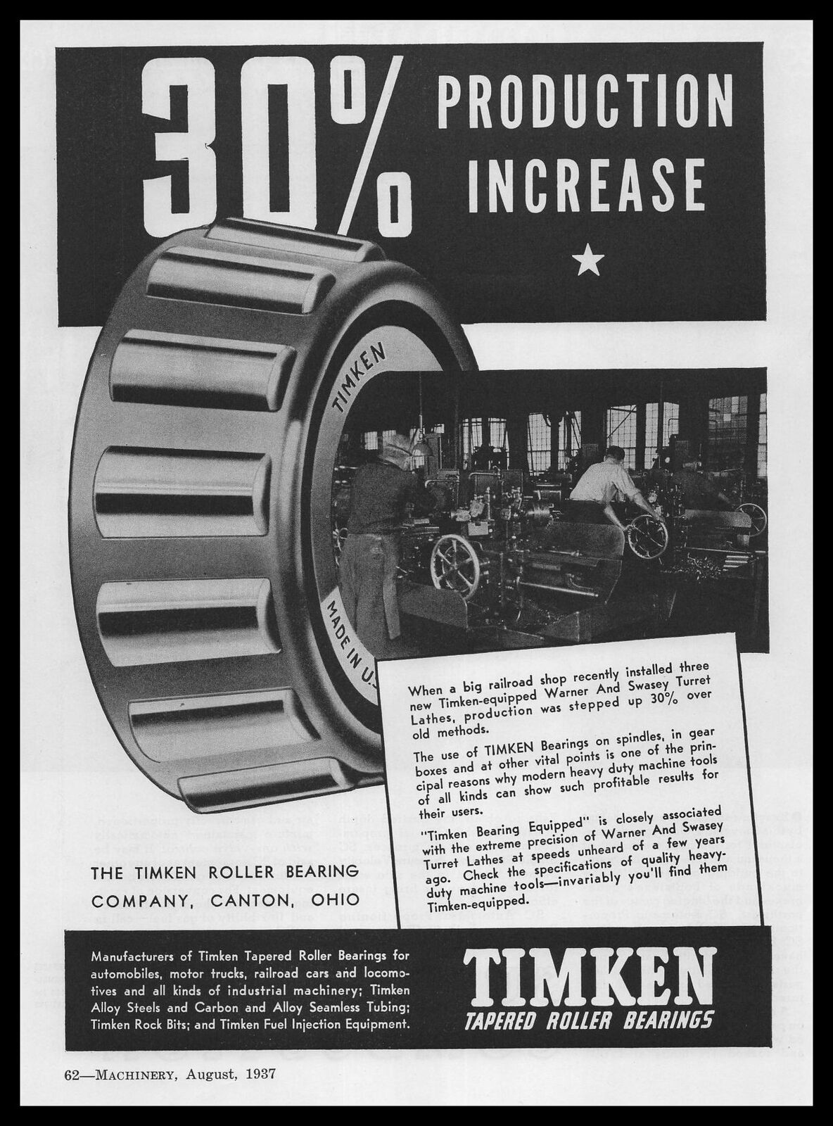1937 Timken Roller Bearings Canton Ohio Warner & Swasey Turret Lathes Print Ad