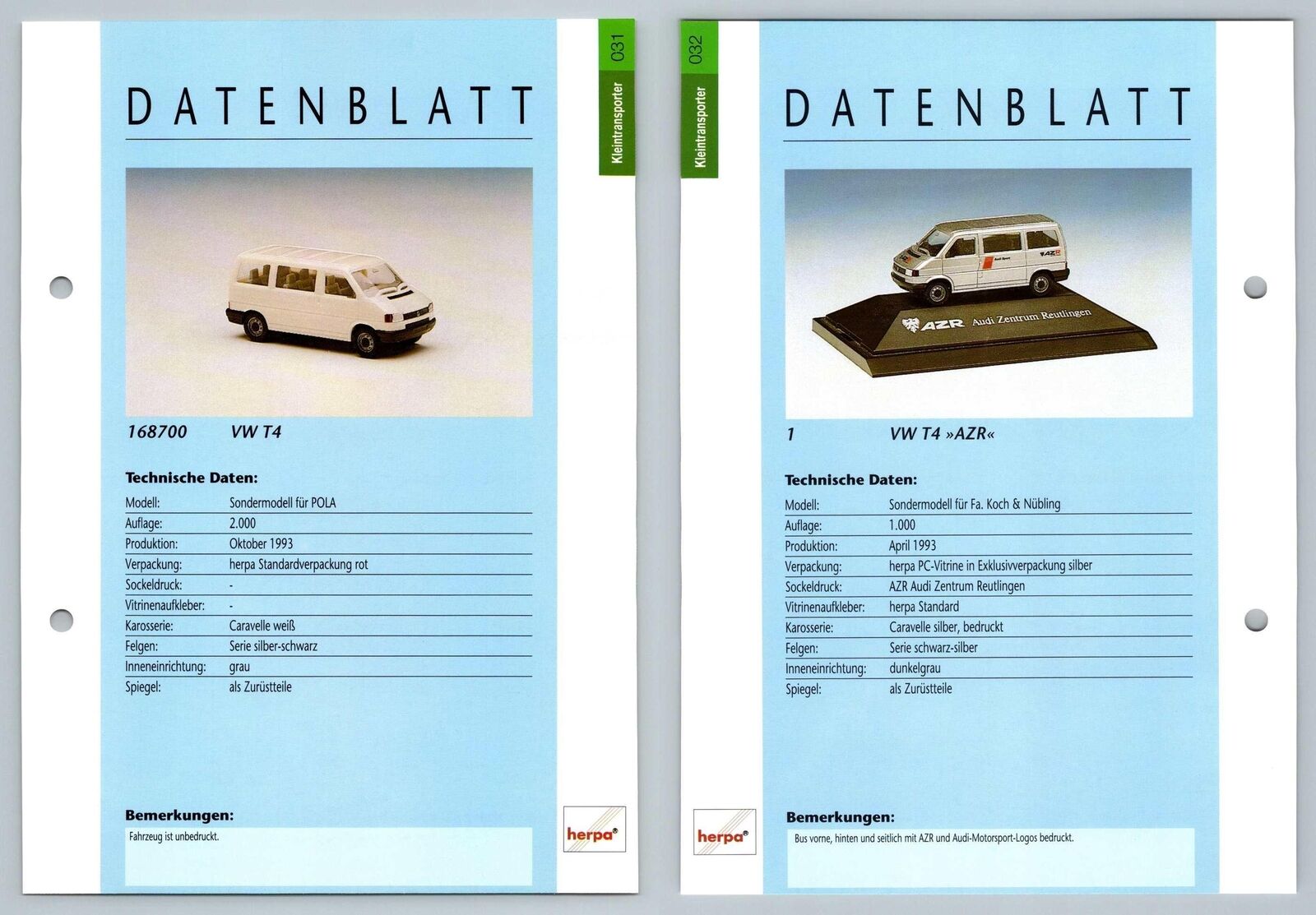 VW T4 / VW T4 AZR #31/32 Kleintransporter Datenblatt - Herpa Data Sheet