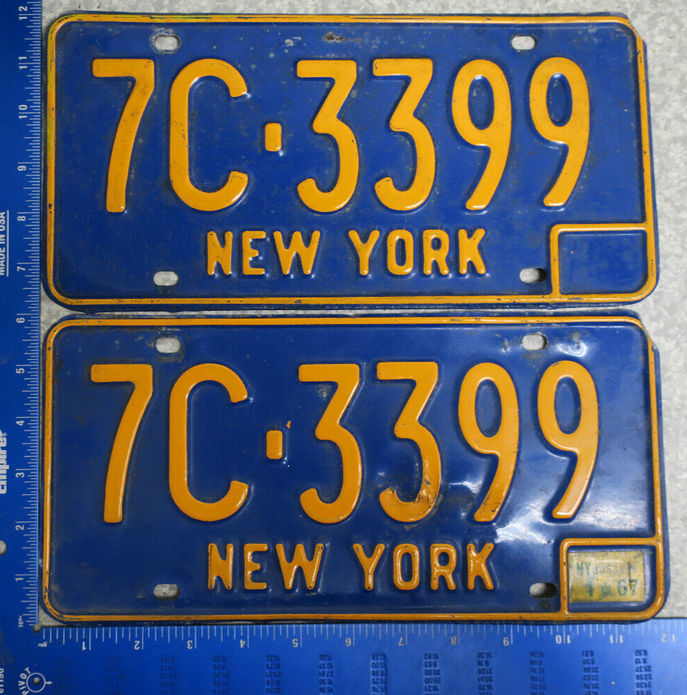 New York NY License Plate Tag Pair Set 1967-1973 1967 67 7c-3399 Natural Sticker