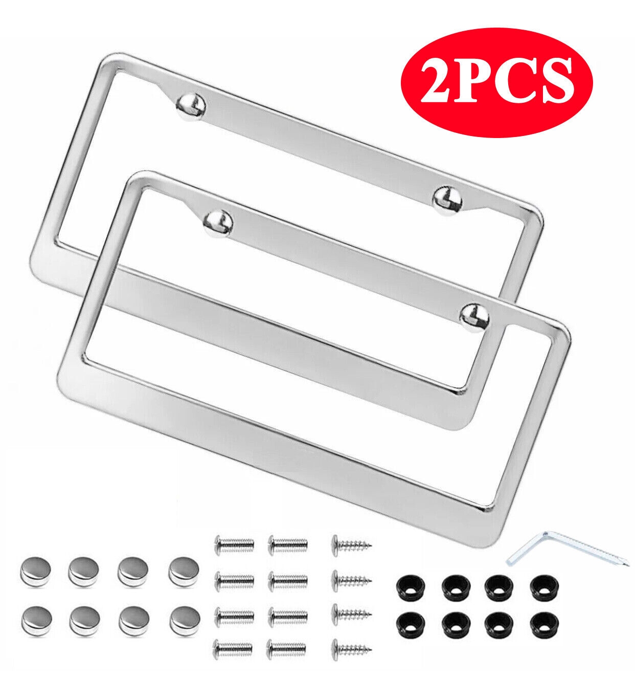 2PCS Chrome 304 Stainless Steel Metal License Plate Frames Tag Cover Clear New